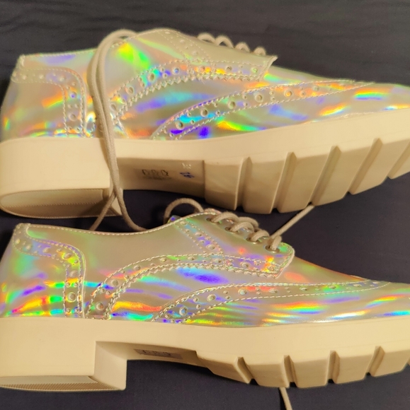 Holographic Iridescent Lace Up Platform Oxford Loafers Shoes 7.5 - Picture 1 of 4